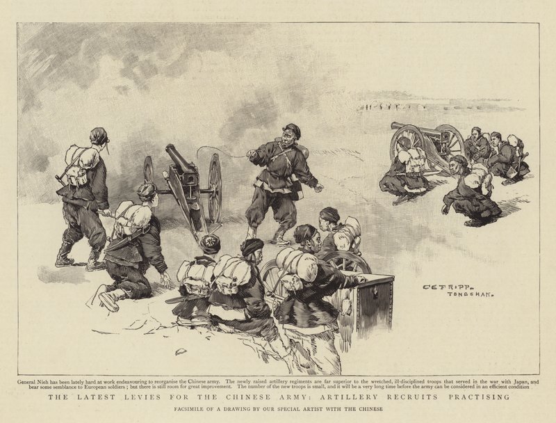 Las últimas levas para el ejército chino, reclutas de artillería practicando de Charles Edwin Fripp