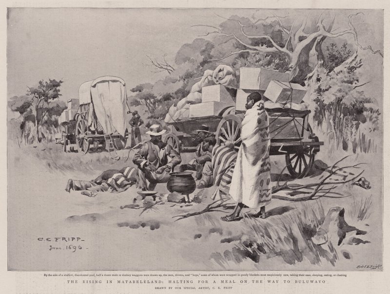 El levantamiento en Matabeleland, deteniéndose para una comida en el camino a Buluwayo de Charles Edwin Fripp