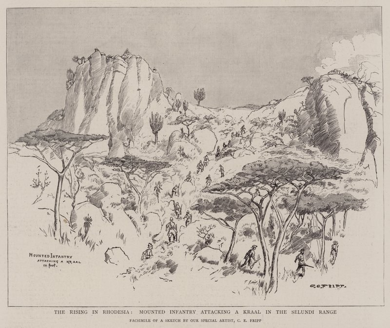 El levantamiento en Rodesia, infantería montada atacando un kraal en la cordillera de Selundi de Charles Edwin Fripp
