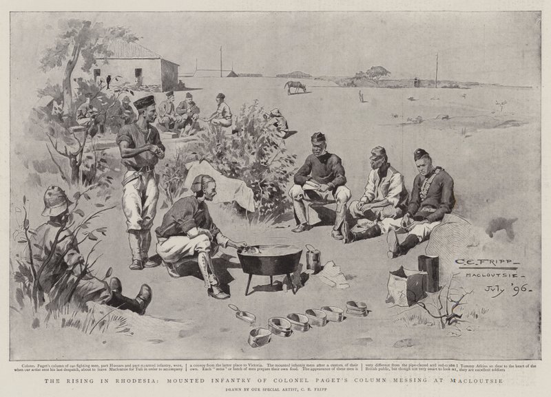 El levantamiento en Rodesia, infantería montada de la columna del coronel Paget comiendo en Macloutsie de Charles Edwin Fripp