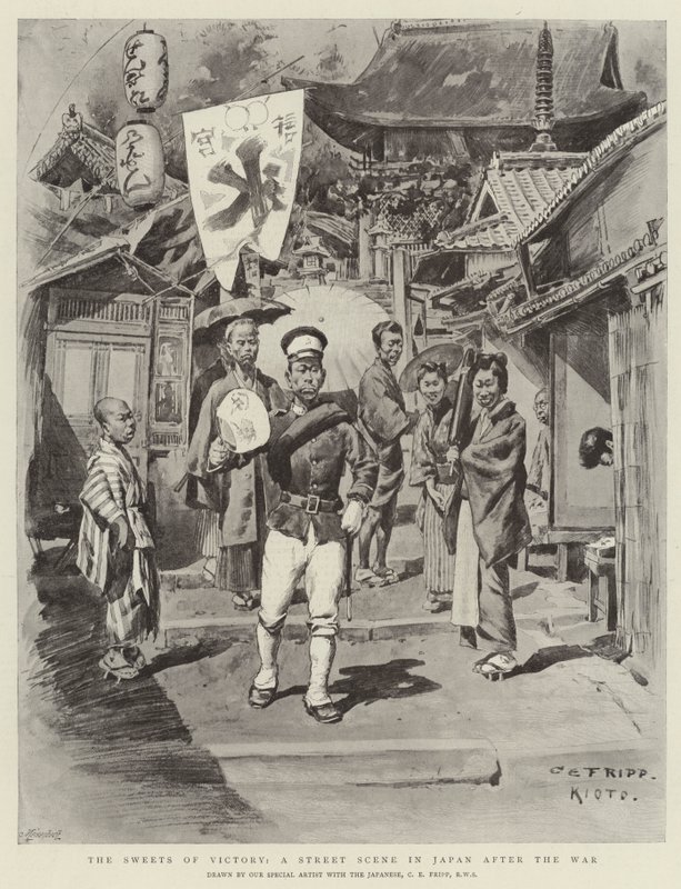 Los Dulces de la Victoria, una Escena Callejera en Japón después de la Guerra de Charles Edwin Fripp