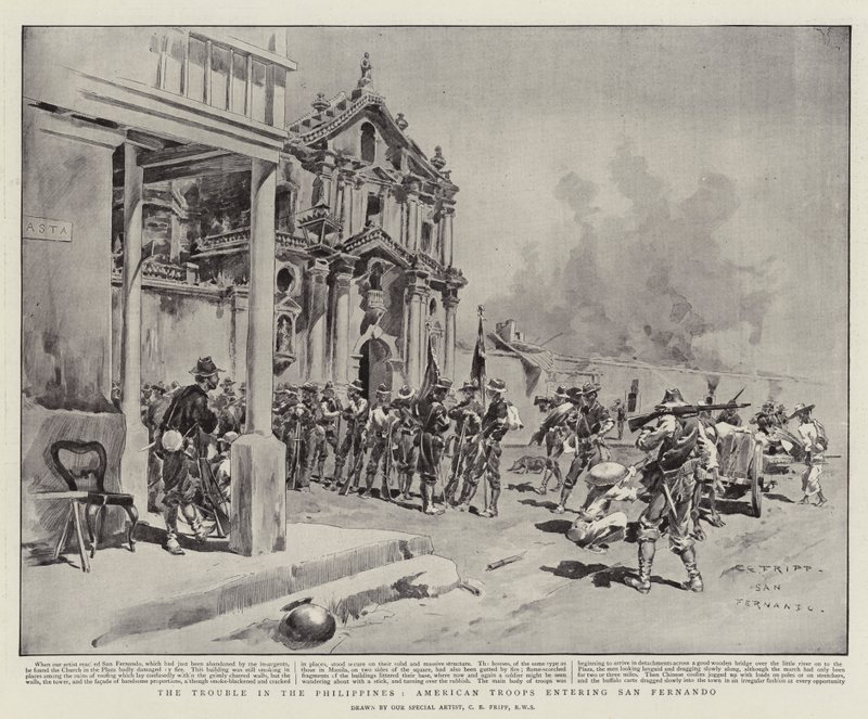 El problema en Filipinas, tropas americanas entrando en San Fernando de Charles Edwin Fripp