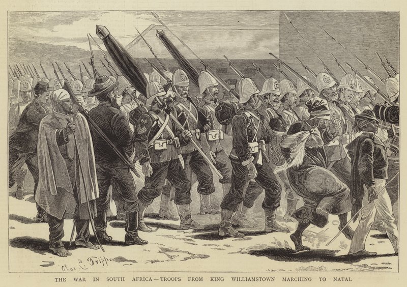 La guerra en Sudáfrica, tropas de King Williamstown marchando hacia Natal de Charles Edwin Fripp