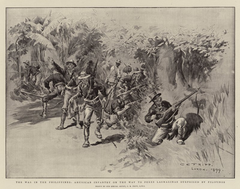 La guerra en Filipinas, infantería americana en camino a Peres Lasmarinas sorprendida por filipinos de Charles Edwin Fripp