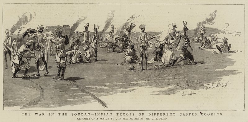 La guerra en el Sudán, tropas indias de diferentes castas cocinando de Charles Edwin Fripp