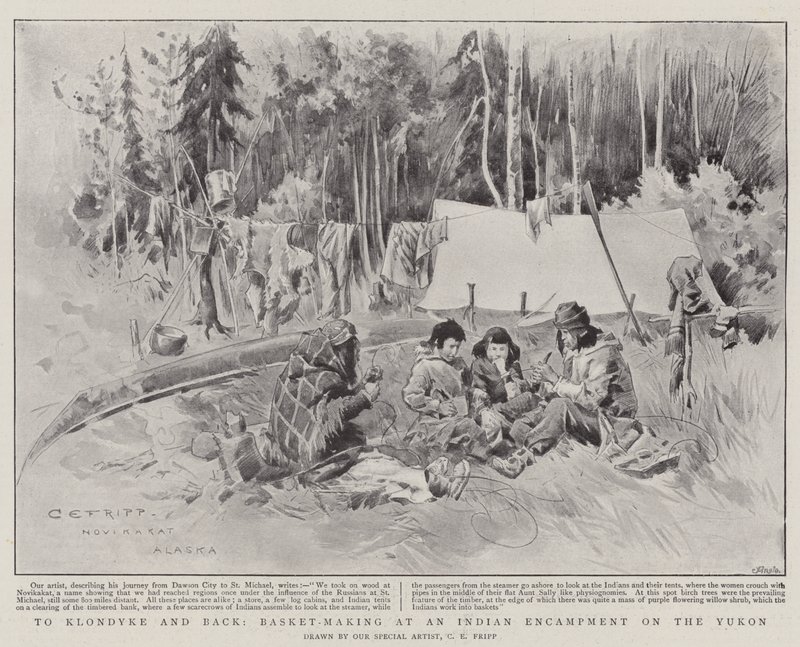A Klondyke y de regreso, fabricación de cestas en un campamento indio en el Yukón de Charles Edwin Fripp