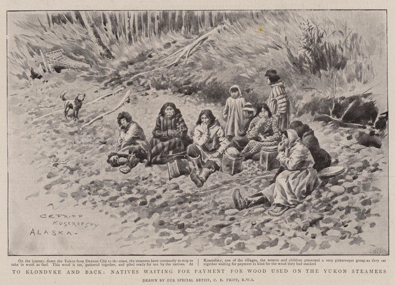 A Klondyke y de vuelta, nativos esperando el pago por la madera utilizada en los vapores del Yukón de Charles Edwin Fripp