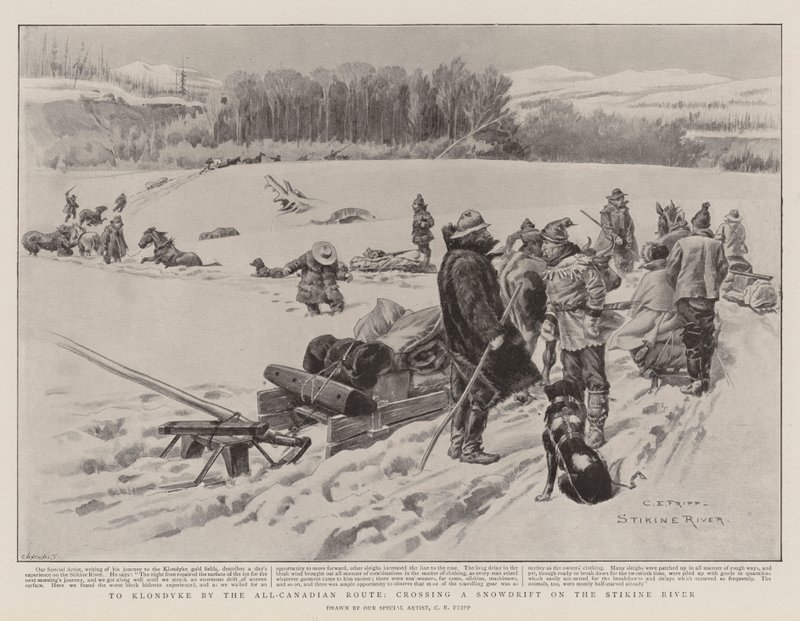 A Klondyke por la ruta totalmente canadiense, cruzando un ventisquero en el río Stikine de Charles Edwin Fripp
