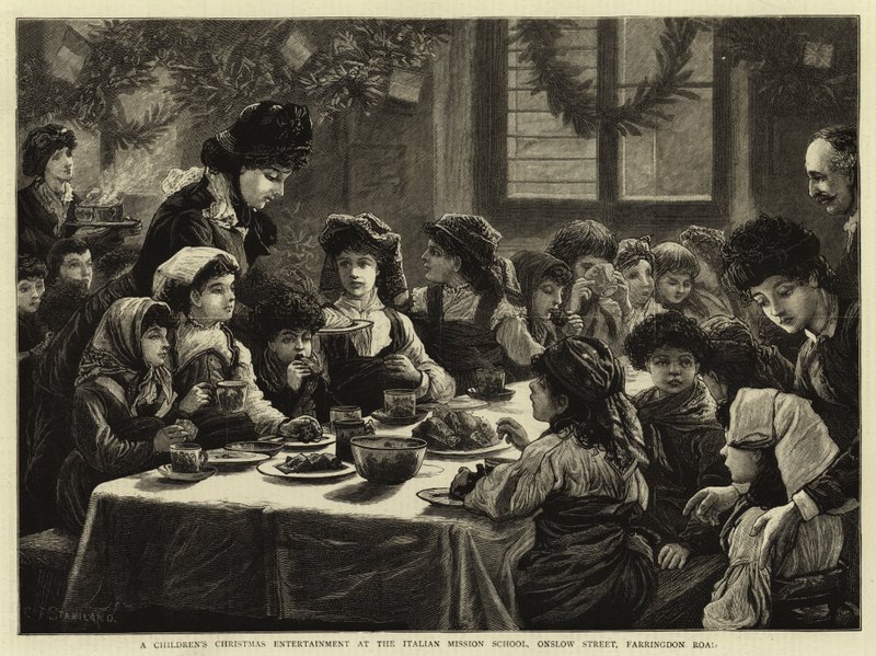 Un entretenimiento navideño para niños en la Escuela de la Misión Italiana, Onslow Street, Farringdon Road de Charles J. Staniland