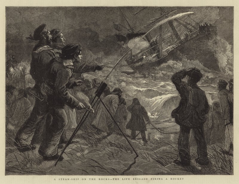 Un barco de vapor en las rocas, la brigada de vida disparando un cohete de Charles J. Staniland