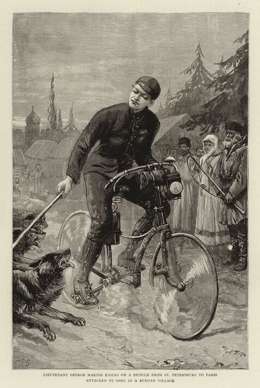 Teniente George Martos montando en bicicleta de San Petersburgo a París atacado por perros en un pueblo ruso de Charles J. Staniland