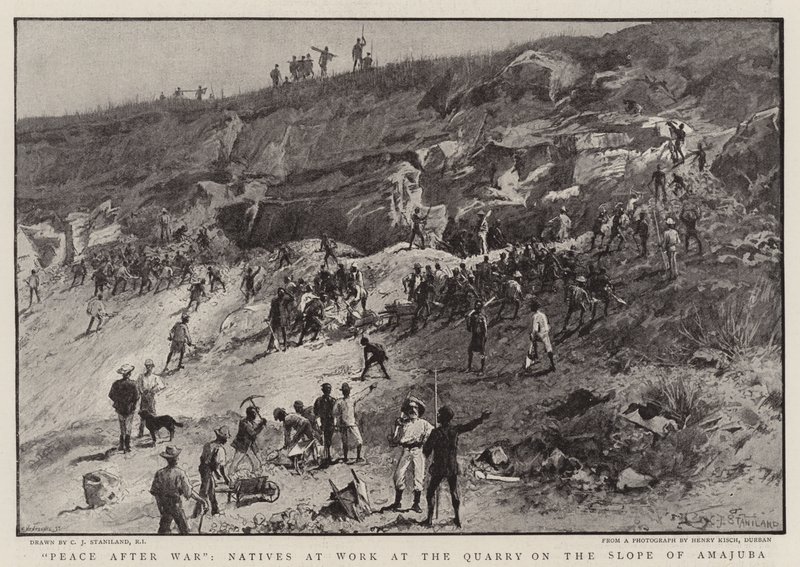 Paz después de la guerra, nativos trabajando en la cantera en la pendiente de Amajuba de Charles J. Staniland