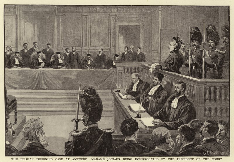 El caso de envenenamiento belga en Amberes, Madame Joniaux siendo interrogada por el presidente del tribunal de Charles J. Staniland