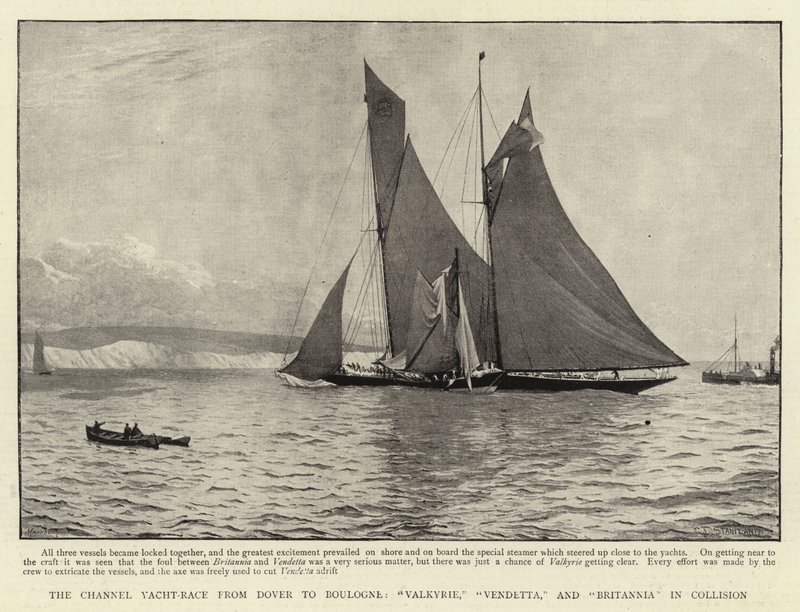 La carrera de yates del Canal de Dover a Boulogne, Valkyrie, Vendetta y Britannia en colisión de Charles J. Staniland