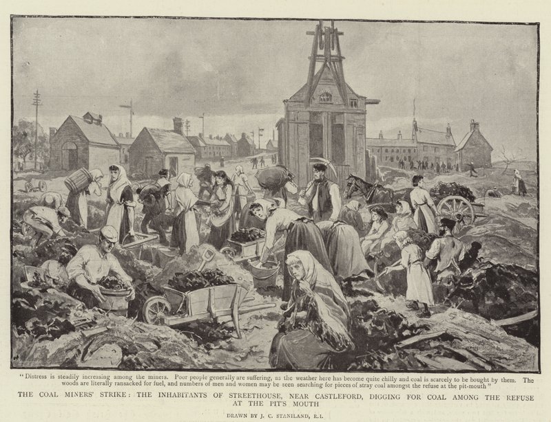 La huelga de los mineros, los habitantes de Streethouse, cerca de Castleford, cavando carbón entre los desechos en la boca de la mina de Charles J. Staniland