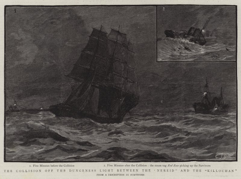 La colisión frente al faro de Dungeness entre el Nereid y el Killochan de Charles J. Staniland