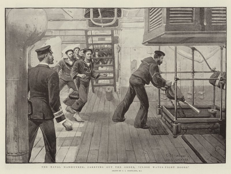 Las maniobras navales, ejecutando la orden, cerrar puertas herméticas de Charles J. Staniland