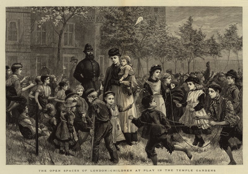 Los espacios abiertos de Londres, niños jugando en los Jardines del Templo de Charles J. Staniland