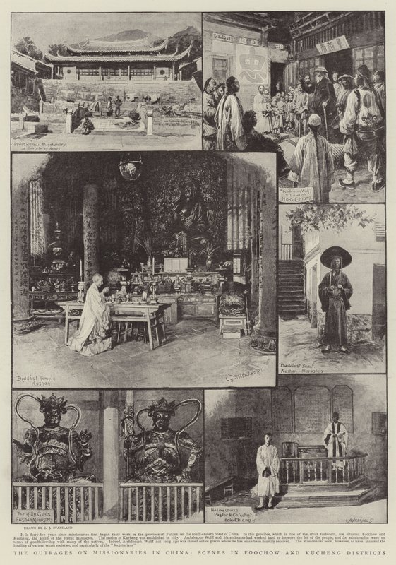 Los ultrajes a misioneros en China, escenas en los distritos de Foochow y Kucheng de Charles J. Staniland