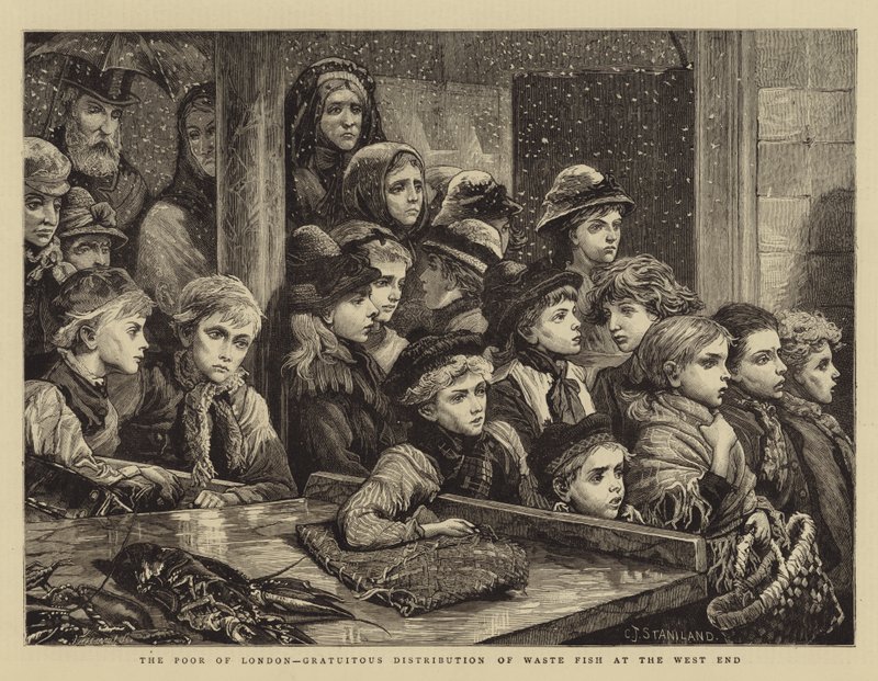 Los pobres de Londres, distribución gratuita de pescado de desecho en el West End de Charles J. Staniland