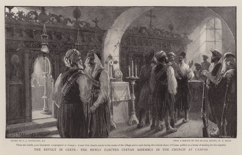 La revuelta en Creta, la recién elegida Asamblea Cretense en la iglesia de Campos de Charles J. Staniland