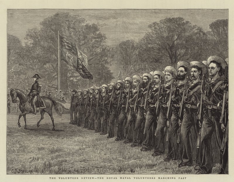 Revisión de voluntarios, los voluntarios navales reales desfilando de Charles J. Staniland