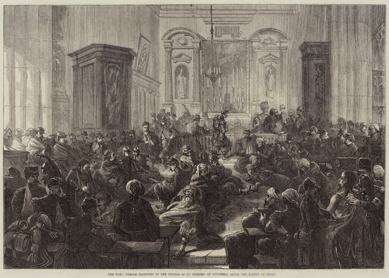 La guerra, prisioneros franceses en la iglesia de San Onesime, en Donchery, después de la batalla de Sedan de Charles J. Staniland
