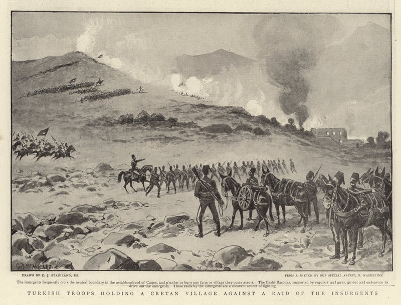 Tropas turcas defendiendo un pueblo cretense contra una incursión de los insurgentes de Charles J. Staniland