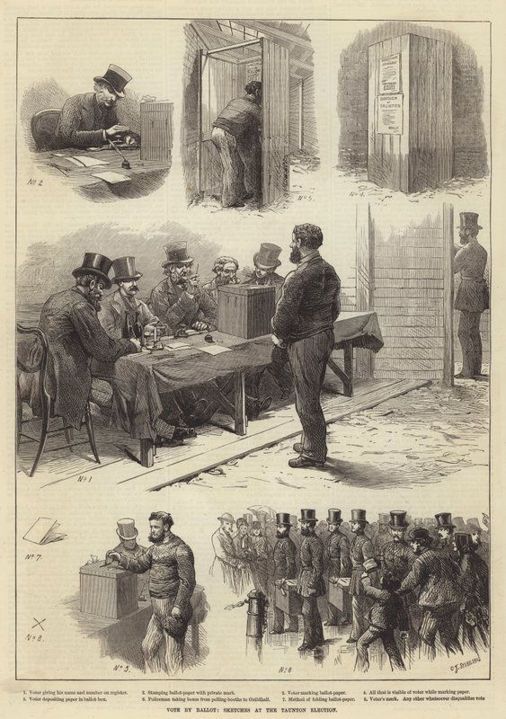 Voto por balota, bocetos en la elección de Taunton de Charles J. Staniland