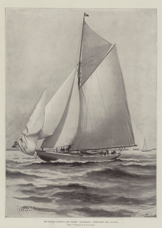 El nuevo yate de Sir Thomas Lipton, Shamrock, estirando su lona de Charles John de Lacy