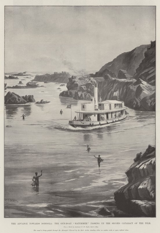El avance hacia Dongola, el cañonero Matemmeh pasando por la Segunda Catarata del Nilo de Charles John de Lacy