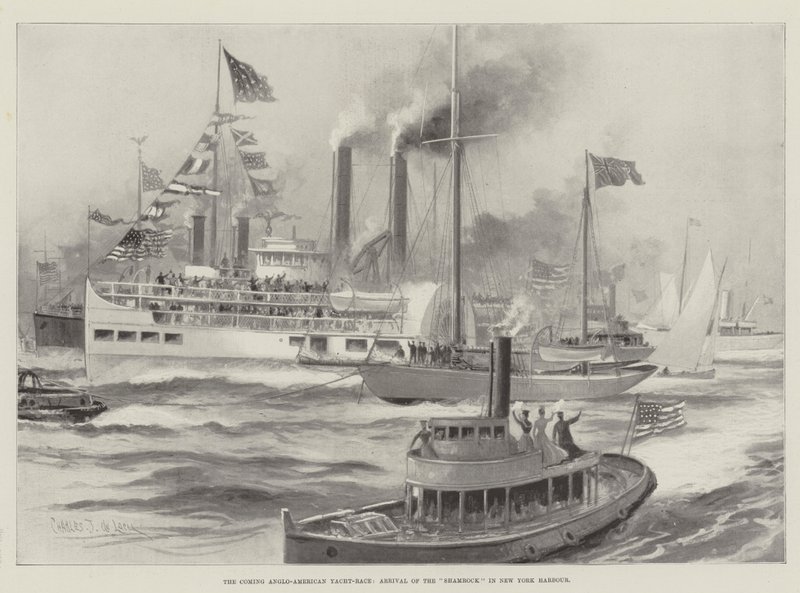 La próxima carrera de yates anglo-americana, llegada del Shamrock al puerto de Nueva York de Charles John de Lacy