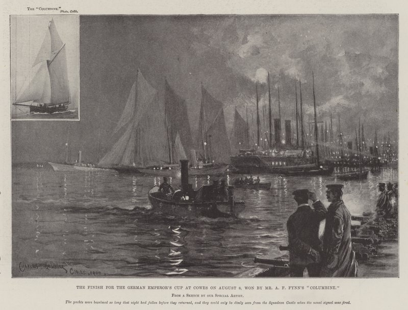 La llegada para la Copa del Emperador Alemán en Cowes el 8 de agosto, ganada por Columbine de Mr. A F Fynn de Charles John de Lacy