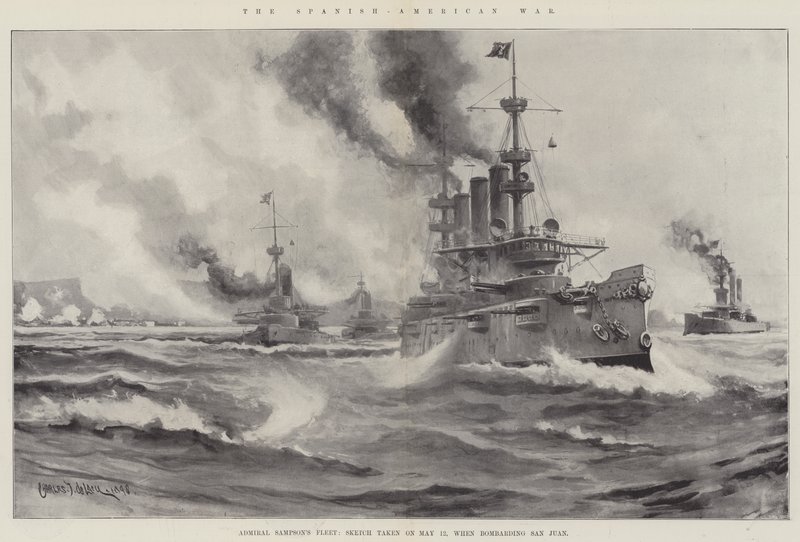 La guerra hispanoamericana, la flota del almirante Sampson, boceto tomado el 12 de mayo, cuando bombardeaba San Juan de Charles John de Lacy