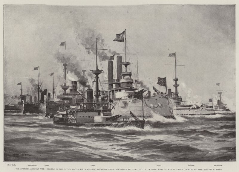 La guerra hispanoamericana, buques del Escuadrón del Atlántico Norte de los Estados Unidos que bombardearon San Juan, capital de Puerto Rico, el 12 de mayo, bajo el mando del Contralmirante Sampson de Charles John de Lacy