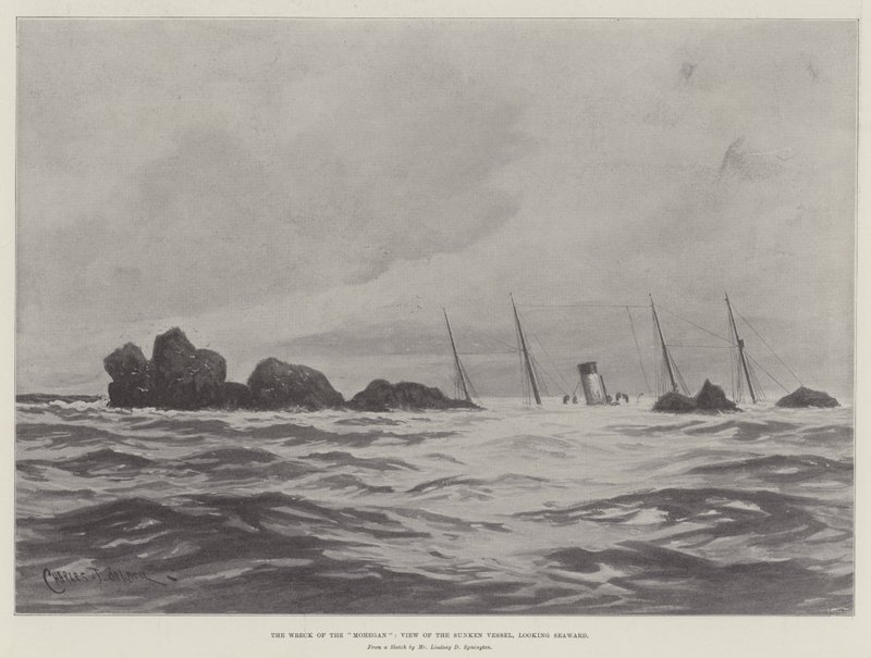 El naufragio del Mohegan, vista del barco hundido, mirando hacia el mar de Charles John de Lacy