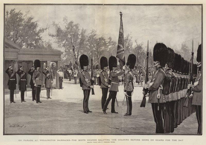 En desfile en los cuarteles de Wellington, los guardias escoceses saludando los colores antes de ir de guardia por el día de Charles Morel