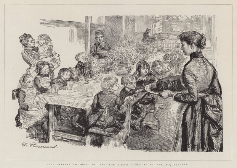 Comidas gratuitas para niños pobres, la mesa del comedor en St Philip