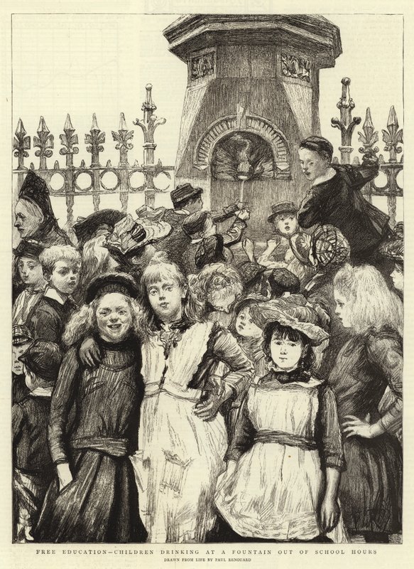 Educación gratuita, niños bebiendo en una fuente fuera del horario escolar de Charles Paul Renouard