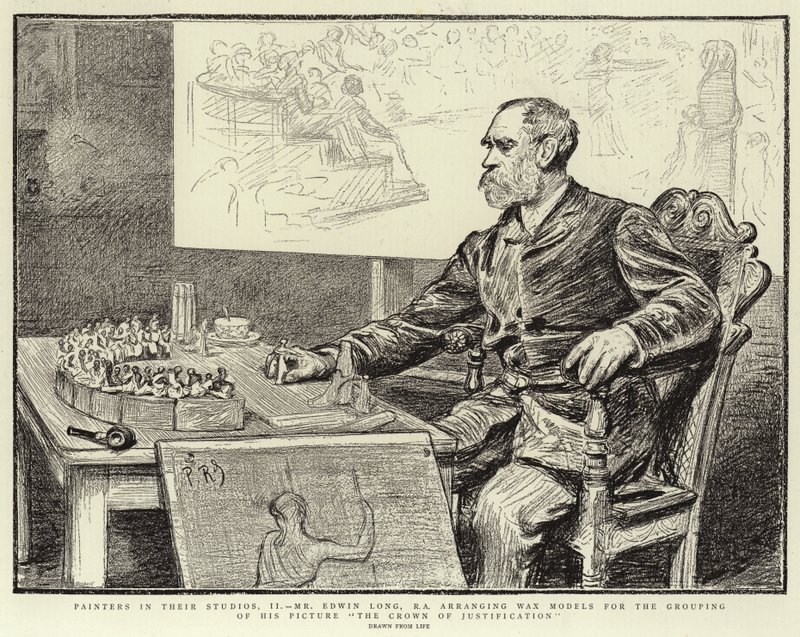 Pintores en sus Estudios, II, Sr. Edwin Long, R A, arreglando Modelos de Cera para la agrupación de su Cuadro La Corona de Justificación de Charles Paul Renouard
