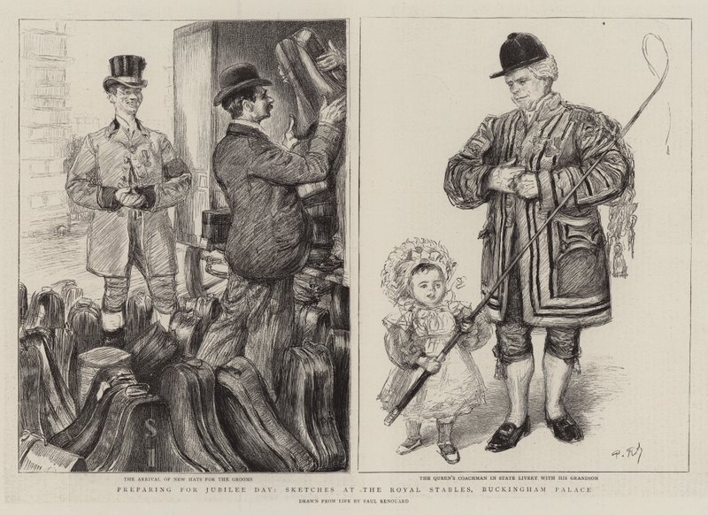 Preparativos para el Día del Jubileo, bocetos en las caballerizas reales, Palacio de Buckingham de Charles Paul Renouard