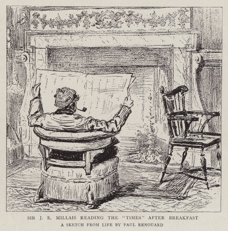 Sir J E Millais leyendo The Times después del desayuno de Charles Paul Renouard