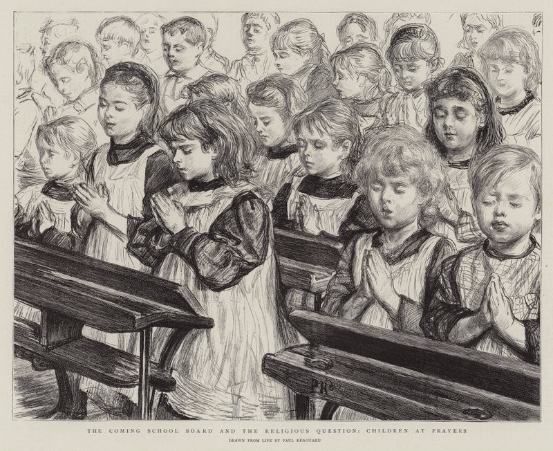 La próxima Junta Escolar y la cuestión religiosa, niños en oración de Charles Paul Renouard