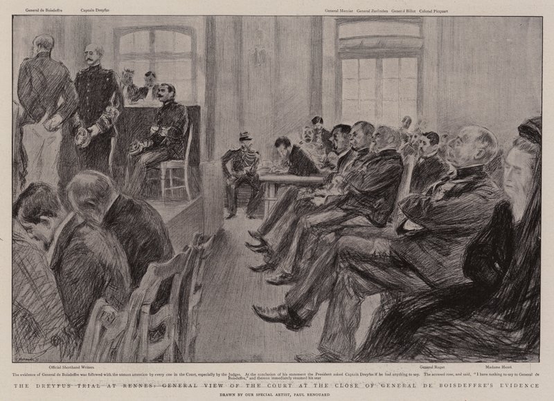 El juicio de Dreyfus en Rennes, vista general del tribunal al cierre del testimonio del General de Boisdeffre de Charles Paul Renouard