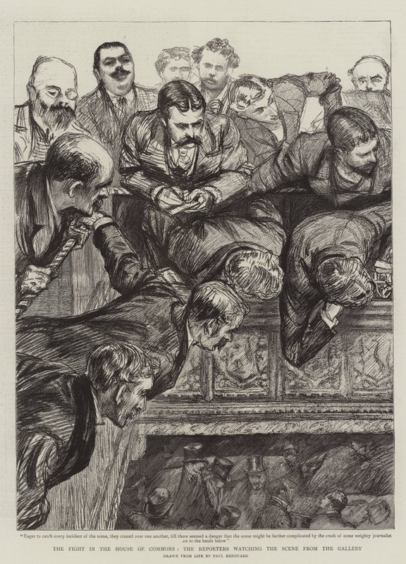 La pelea en la Cámara de los Comunes, los reporteros observando la escena desde la galería de Charles Paul Renouard