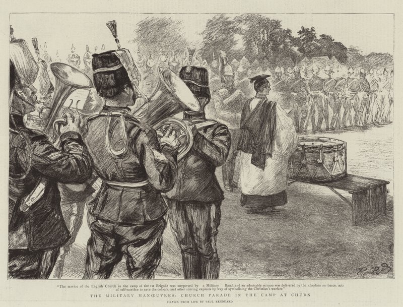 Las maniobras militares, desfile en la iglesia en el campamento de Churn de Charles Paul Renouard