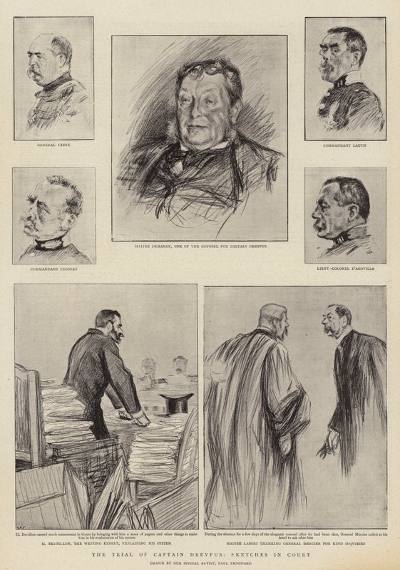 El juicio del Capitán Dreyfus en Rennes, bocetos en la corte de Charles Paul Renouard