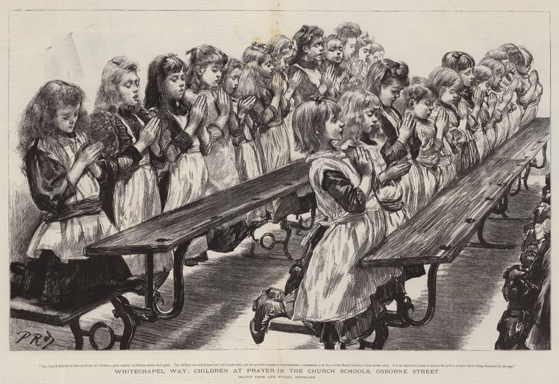 Camino de Whitechapel, niños rezando en las escuelas de la iglesia, Osborne Street de Charles Paul Renouard
