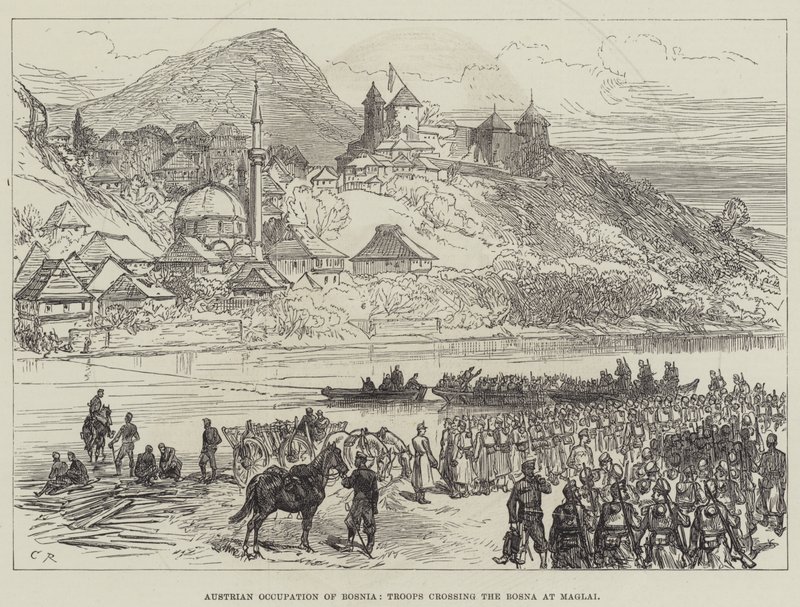 Ocupación austriaca de Bosnia, tropas cruzando el Bosna en Maglai de Sir John Charles Robinson