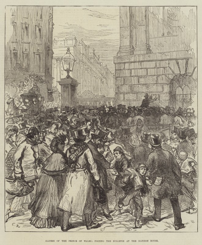 Enfermedad del Príncipe de Gales, publicando el Boletín en la Mansion House de Sir John Charles Robinson